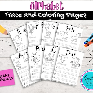 Alfabet traceer- en kleurpagina&#39;s, pdf-werkbladen kleurovertrekken, werkbladen overtrekken en kleur kleuterschool, letter overtrekken en afbeelding inkleuren