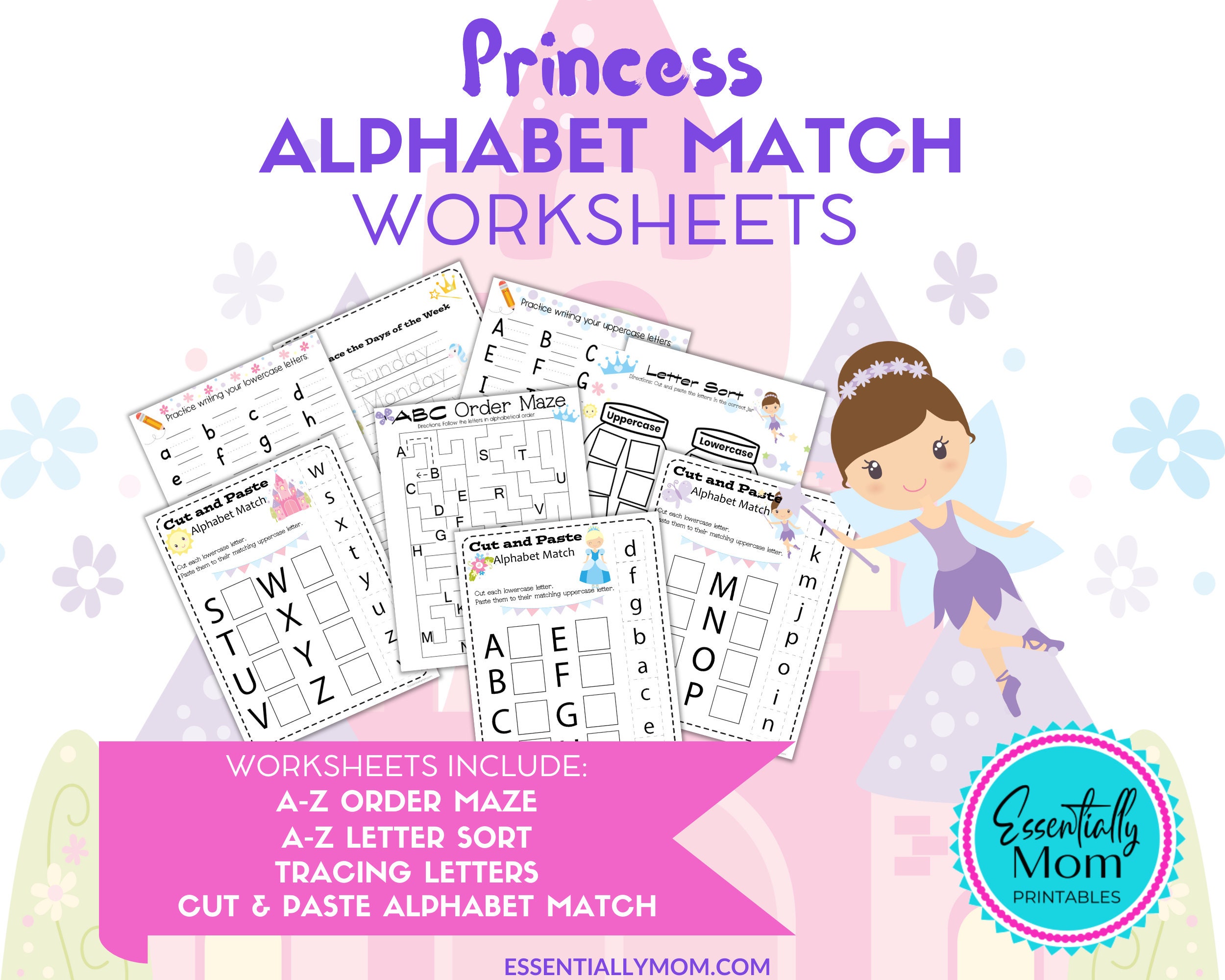 Princess Alphabet Worksheets, Letter Tracing, A-Z Match (printable PDF ...