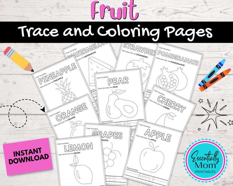 Fruit Trace and Color Pages, Kids Learning (PDF) - Etsy