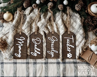 Rustic Wooden Stocking Tags, Family Christmas Decor, 3D Name Tags