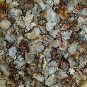 May include: A bowl filled with a variety of agate stones. The stones are a mix of white, brown, and gray with some showing banding patterns.