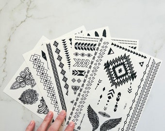 Solid Black Temporary Tattoos (5 Sheets) - Summer Festival Boho Chic Tattoos / Gypsy Hippie Tattoos / Summer Beach Tattoos / Cosplay Tattoos