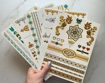 Metallic Gold & Silver Temporary Tattoos (5 Sheets) - Summer Festival Boho Chic Tattoos / Cosplay Tattoos / Gypsy Hippie Summer Beach Tattoo