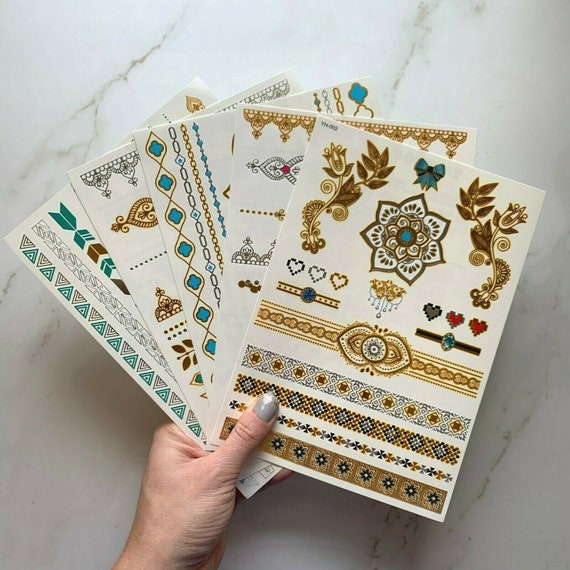 Metallic Gold & Silver Temporary Tattoos (5 Sheets) - Summer Festival Boho Chic Tattoos / Cosplay Tattoos / Gypsy Hippie Summer Beach Tattoo