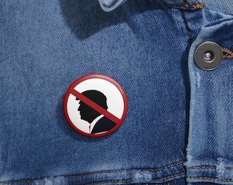May include: A red and white button with a silhouette of a person's head with a red line through it. The text "No" is written in white on the button.