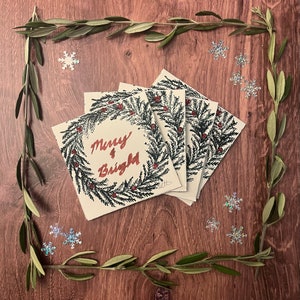 Merry & Bright Christmas Wreath Blank Card- Set of 4- Hand- Printed Linocut Greeting Cards