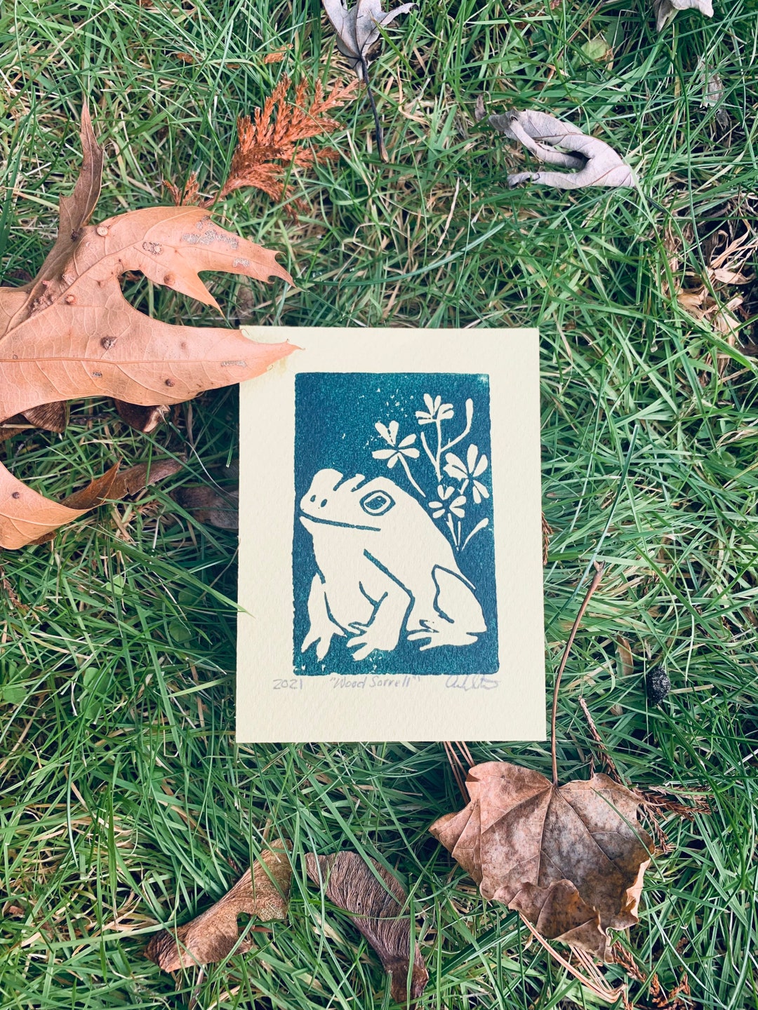 Mini Linocut Frog Print 3x4 Frog and Wood Sorrel - Etsy UK