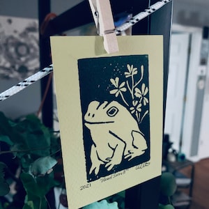 Mini Linocut Frog Print- 3x4 Frog and Wood Sorrel
