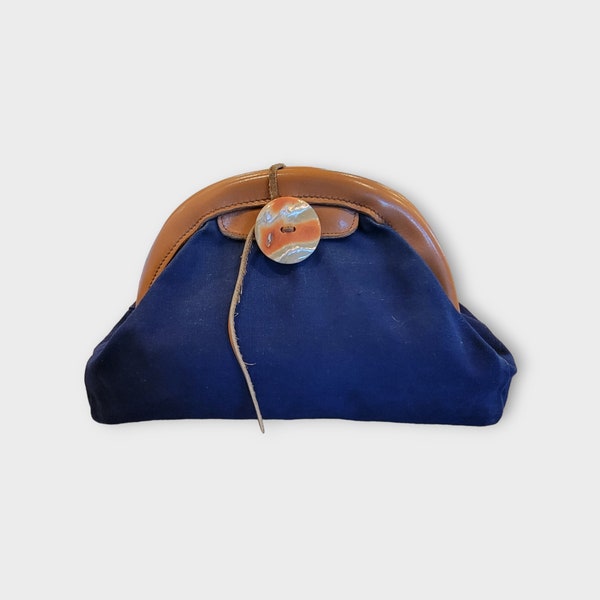 Navy Blue and Tan, Leather and Canvas, Vintage, 70's, Clutch Purse With Abalone Shell Button | VST Very Special Things