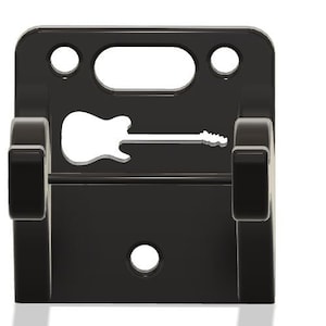 May include: Black plastic wall mount with two hooks and a cutout of a guitar. The mount has a single hole for mounting.