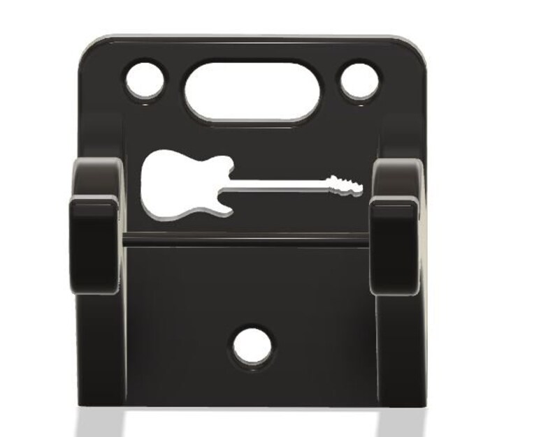 May include: Black plastic wall mount with two hooks and a cutout of a guitar. The mount has a single hole for mounting.