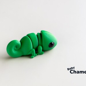 Op de afbeelding: Een groen, gesegmenteerd, plastic kameleon speelgoed met zwarte ogen. Het speelgoed ligt op een wit oppervlak. De tekst "Baby Chameleon" is onder het speelgoed gedrukt.