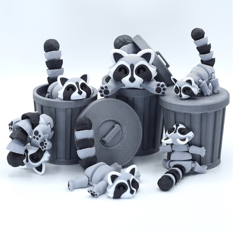 Adorable Articulated racoon with trash can
