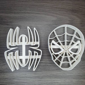 May include: Two white plastic cookie cutters, one shaped like a spider and the other shaped like a Spiderman mask.