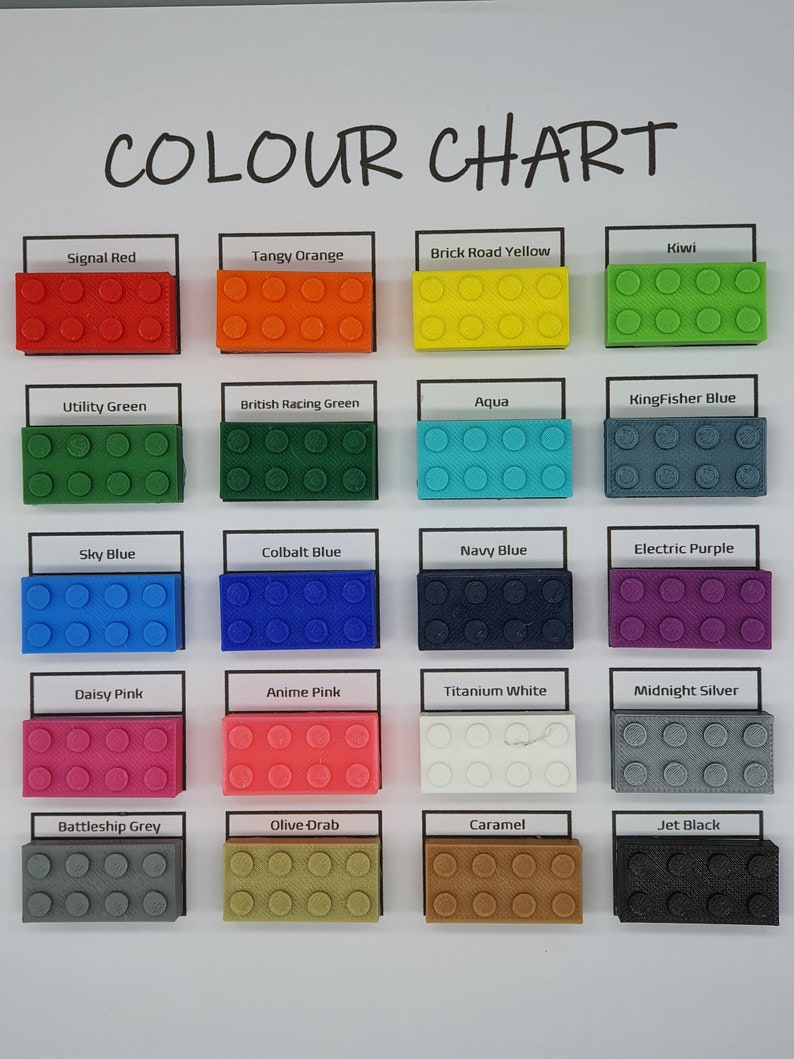 May include: Color chart with 18 different colors of plastic building blocks. The colors include signal red, tangy orange, brick road yellow, kiwi, utility green, British racing green, aqua, kingfisher blue, sky blue, cobalt blue, navy blue, electric purple, daisy pink, anime pink, titanium white, midnight silver, battleship grey, olive drab, caramel, and jet black.