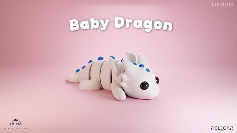 May include: A white baby dragon with blue spots and black eyes, lying on its belly on a pink background. The text "Baby Dragon" is written in white letters above the dragon.