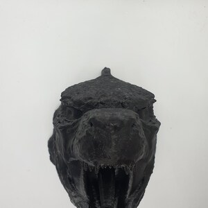 May include: A black 3D printed dinosaur head sculpture with a textured surface and an open mouth.