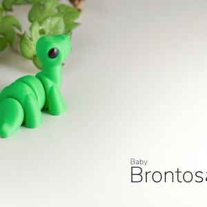 May include: A green, segmented, plastic toy dinosaur with black eyes. The dinosaur is shaped like a baby Brontosaurus. The text "Baby Brontosaurus" is written below the dinosaur.