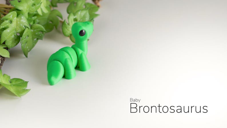 May include: A green, segmented, plastic toy dinosaur with black eyes. The dinosaur is shaped like a baby Brontosaurus. The text "Baby Brontosaurus" is written below the dinosaur.