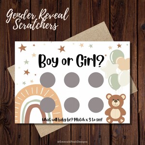 Sage Green & Beige Teddybär, Junge oder Mädchen? | Gender Reveal Ankündigung | Benutzerdefinierte Rubbellose | Lotterie Spiele