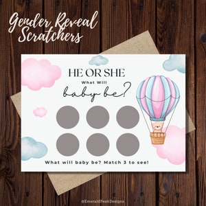 Lui ou elle ? Montgolfière nuages bleue et rose | Faire-part de révélation de genre | Billets à gratter personnalisés | Jeux de loterie