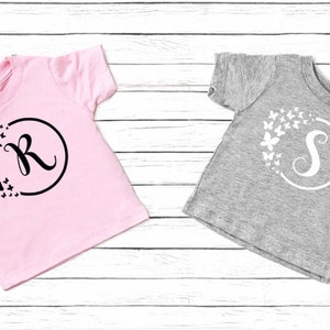 Personalized Kid Shirt Name Toddler Initial Butterfly Graphic Shirt Custom Gift Little Girl Cute Butterfly Wreath Tee shirt Initial Monogram