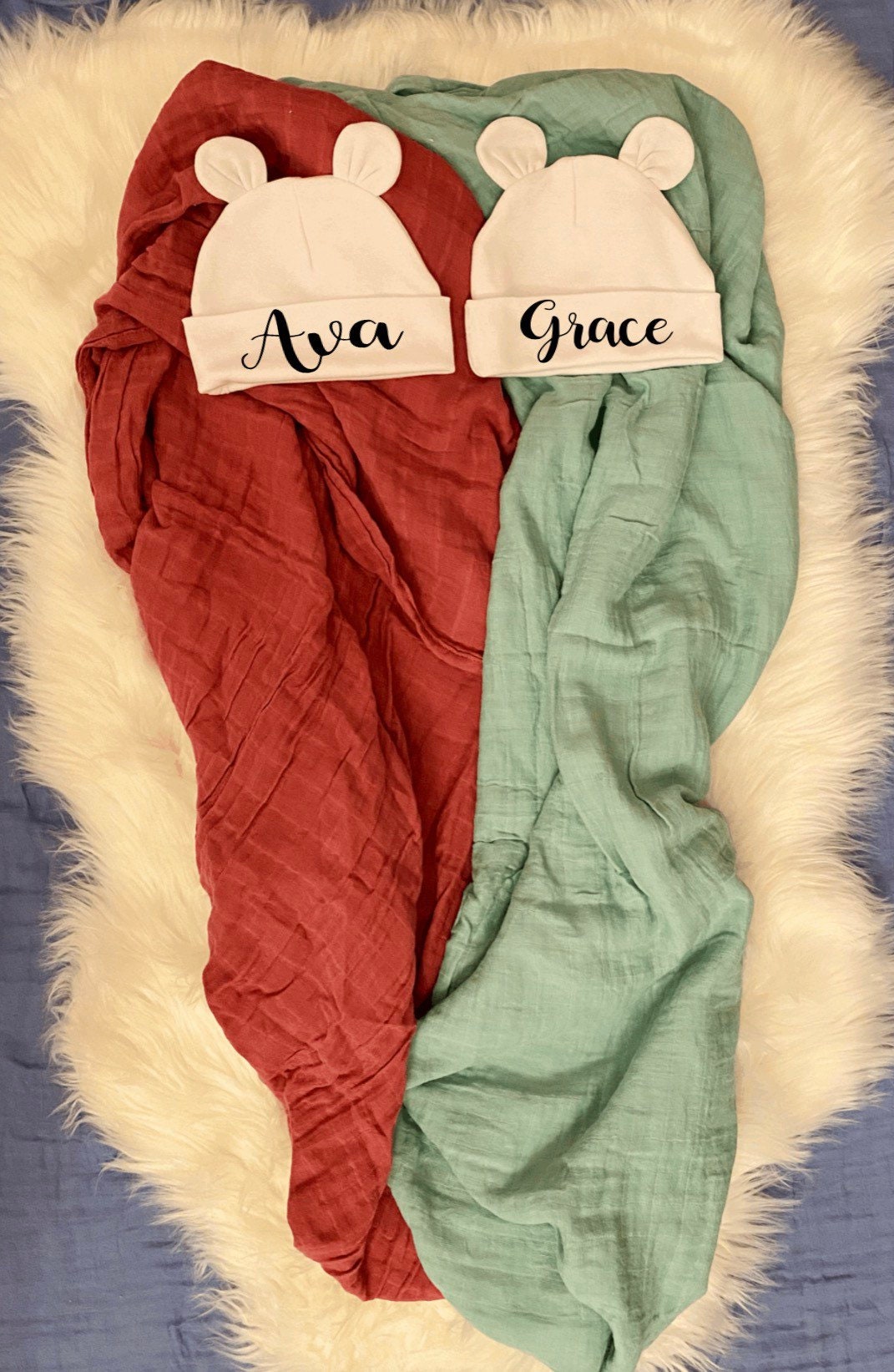 Newborn Twins Personalized Swaddle Hat Set Hospital Blanket Etsy