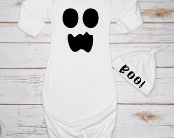 Baby Halloween Costume Ghost Infant Ghost Face Gown Beanie Halloween Ghost Costume Newborn Hospital Fall Coming Home Outfit Boy Girl Boo