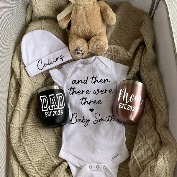 New Parents Gift Basket Mom and Dad Gift set Personalized Onesie pregnancy announcement baby shower Expecting Parents Parents to Be Teddy