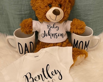 New Parents Gift Basket Set Baby Bear Personalized pregnancy announcement Reveal Expecting Parents Parents to Be gift set