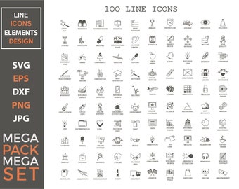 May include: A black and white illustration set of 100 line icons. The icons depict various business and professional concepts, such as teamwork, communication, growth, and innovation. The icons are arranged in a grid pattern.