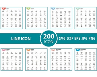 Puede incluir: Un conjunto de 200 iconos de línea en blanco y negro, organizados en 10 categorías: Fiesta, Camping, Medicina y atención médica, Belleza, Boda, Fitness, Elementos del cuerpo, Entretenimiento, Comida y bebida, y Viajes. Cada categoría está etiquetada con un número y un título.