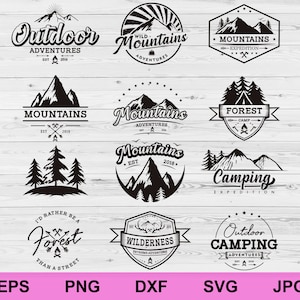 zestaw logo przygody na świeżym powietrzu kolekcja sylwetka projekt svg, góry svg, las svg, wyprawa kempingowa svg, clipart logo przygody svg