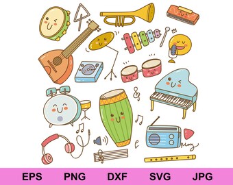 Colorful Music Instruments Clipart, Kawaii Style (svg, png, eps, dxf, jpg)