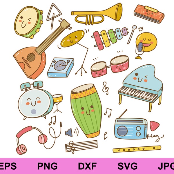 colorful music instruments sticker background design elements collection bundle svg, music instruments sticker clipart background svg