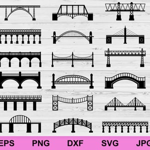 Può includere: Un set di 15 illustrazioni di silhouette di ponti in bianco e nero. I ponti sono di vari stili, tra cui ad arco, a traliccio, sospesi e a cavi.