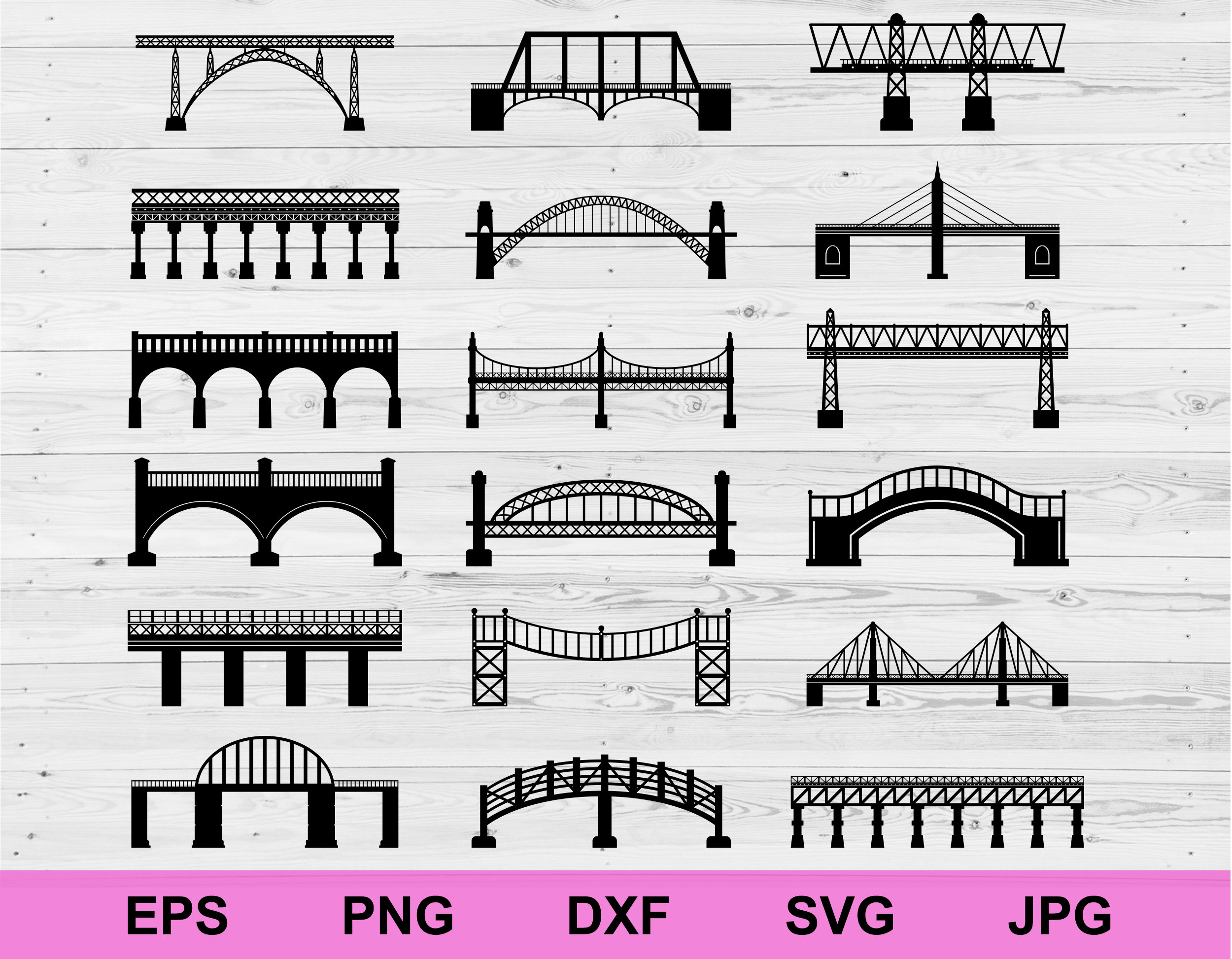 silhouette bridge architecture building design set of collection bundle svg, silhouette hand drawn illustration bridge clipart cricut svg
