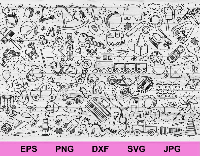 conjunto de brinquedos de rabiscos desenhados à mão svg, elementos de design de plano de fundo de brinquedos de rabiscos para crianças, clipart de brinquedos de rabiscos desenhados à mão svg imagem 2