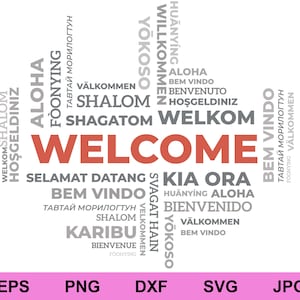 Composizione di parole di benvenuto in diverse lingue, citazioni ispiratrici, design tipografico, lettering, clipart, download digitale, file SVG