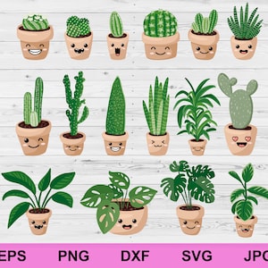 plantas de la casa cactus conjunto en macetas de diseño de la colección elementos del paquete svg, dibujos animados linda expresión de la cara plantas de cactus clipart svg