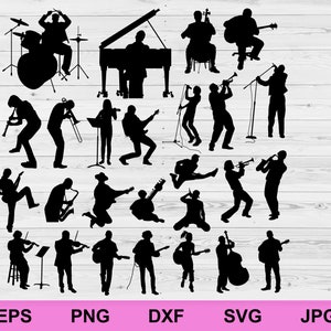 Instruments de musique silhouette personnes éléments de conception svg, guitare, piano, orchestre, téléchargement numérique circuit clipart coupe fichier svg