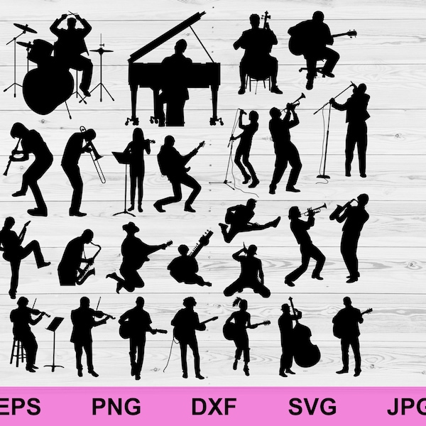 music instruments silhouette people design elements svg, guitar, piano, orchestra, digital download circuit clipart cut svg file