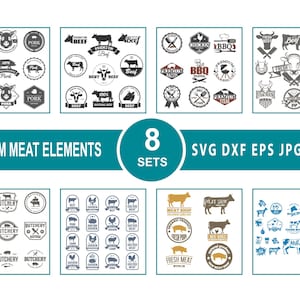 farm meat elements logo icon sign design collections bundle svg, fresh meat svg, pork, beef, chicken, bbq, butchery, lamb, milk, clipart svg