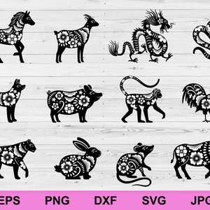 12 traditionelle chinesische Sternzeichen Symbol Set Designelemente Tattoo Sammlung Bundle svg, chinesische Horoskop Sternzeichen Symbol Set Clipart Cricut svg