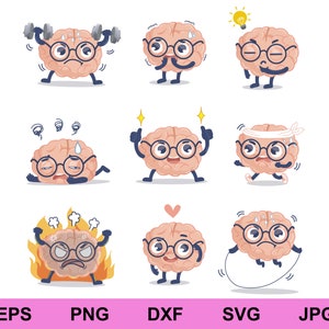Ensemble d'icônes de cerveau illustration dessinée à la main de bundle design collection svg, mignon cerveau émotions emoji visage expression clipart svg