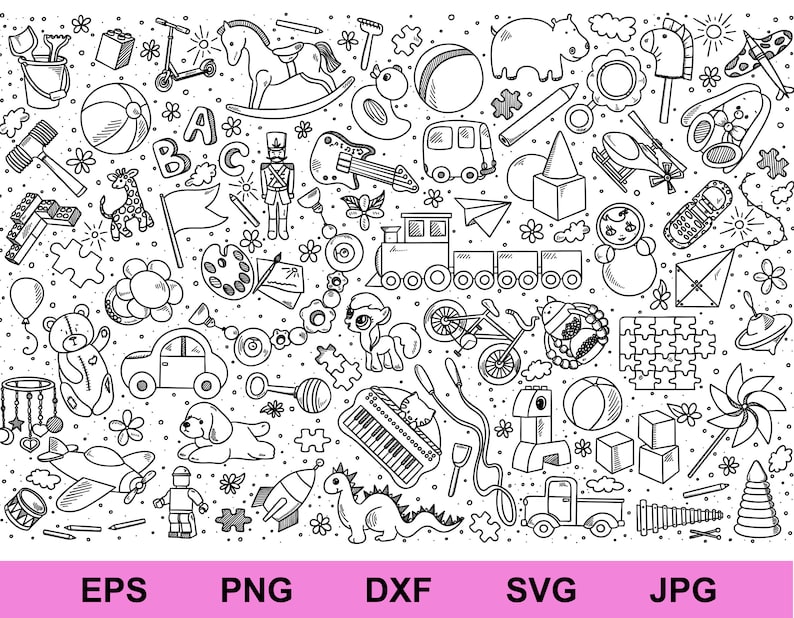 conjunto de brinquedos de rabiscos desenhados à mão svg, elementos de design de plano de fundo de brinquedos de rabiscos para crianças, clipart de brinquedos de rabiscos desenhados à mão svg imagem 1