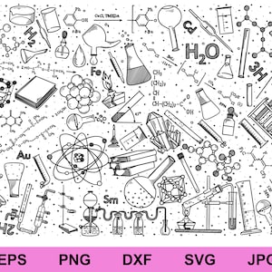 Conjunto de design de fundo de rabiscos de química desenhados à mão com coleção svg, elementos de design de fundo de rabiscos de laboratório de ciências clipart svg