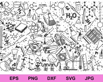 hand drawn chemistry doodle design background set of collection svg, science laboratory doodle background design elements clipart svg