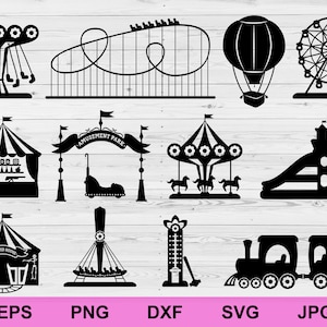 Pretpark silhouet, carnaval parken carrousel attractie, leuke achtbaan iconen set, digitale download circuit clipart Svg-bestand knippen