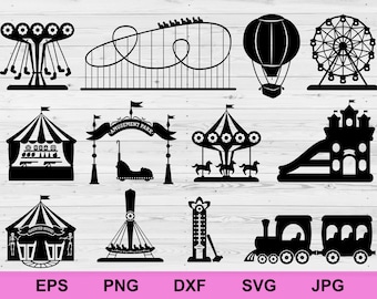 Amusement park silhouette, carnival parks carousel attraction, fun rollercoaster icons set, digital download circuit clipart Svg cut file